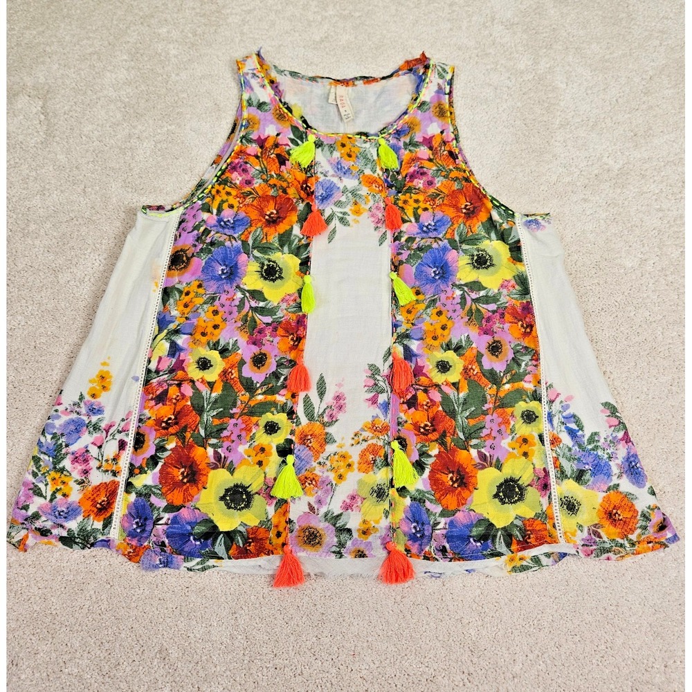 Raga Swing Tank Top Womens S White Floral Print Tassels Boho Sleeveless‎ Cotton
